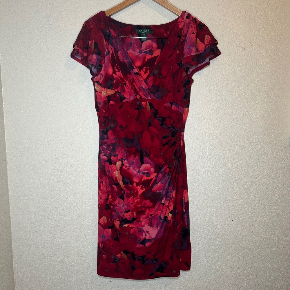 Lauren Ralph Lauren Women 12P Faux Wrap Dress Colorful Red Floral Flutter Sleeve